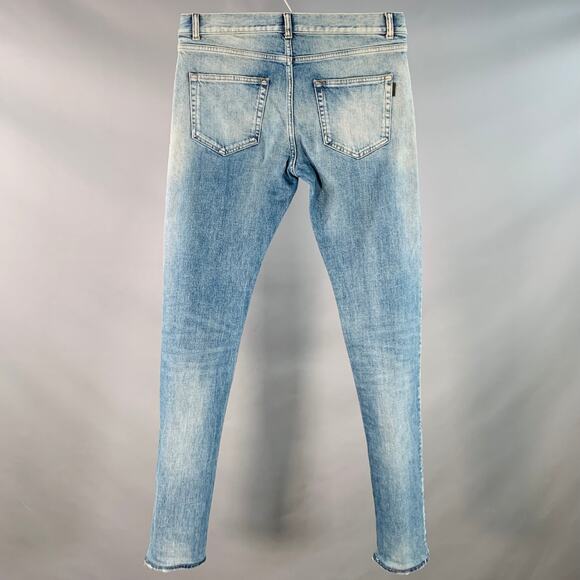 SAINT LAURENT Size 30 Blue Distressed Cotton Blend Twill Slim Tapered Jeans - Picture 2 of 7